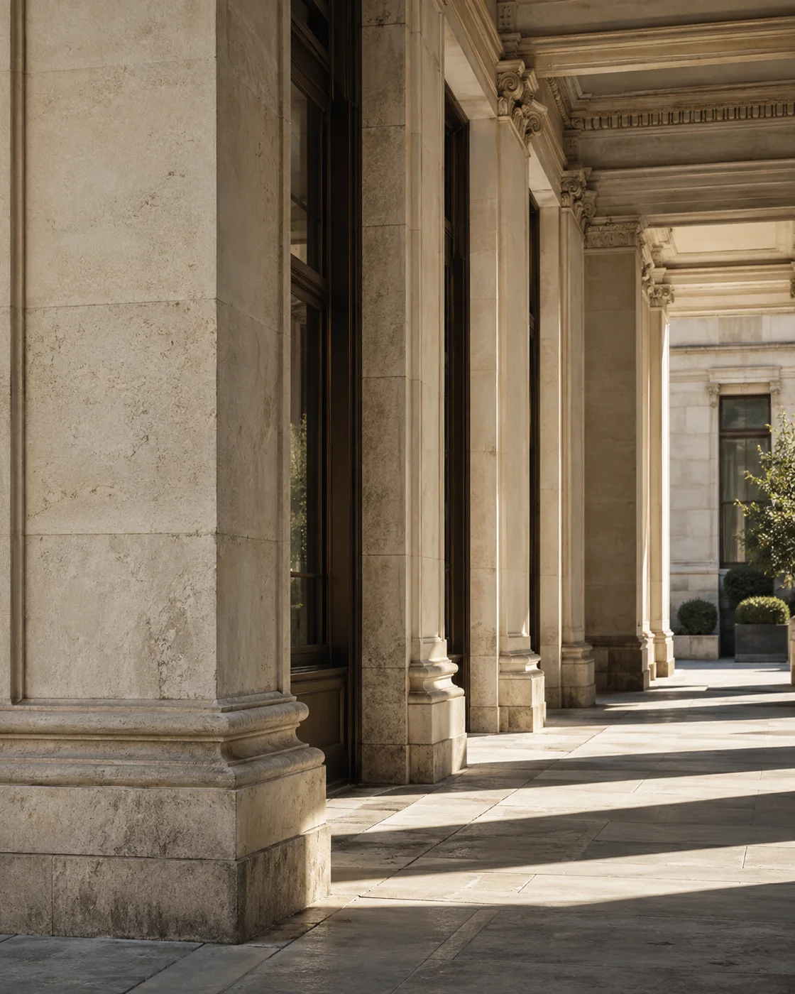 Sunlight and long shadows across a limestone colonnade; an architectural study.